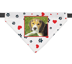 Bandana per cani personalizzata con grafica zampette nere e cuori rossi