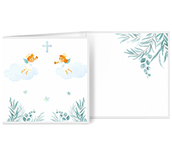 Biglietto a 3 ante quadrato per Battesimo con grafica angeli