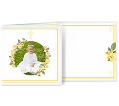 Biglietto a 3 ante quadrato floreale per Comunione con foto