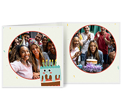 Biglietto a 3 ante quadrato con grafica torta compleanno