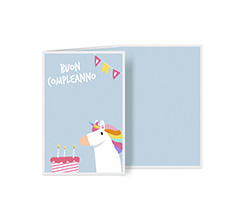 Biglietto a 3 ante verticale grafica unicorno per compleanno