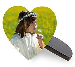 Calamita in legno Prima comunione a forma di cuore con foto