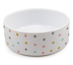 ciotola per gatti stampata con grafica con zampette colorate