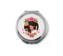 Specchietto tondo con foto e grafica rose e pois neri