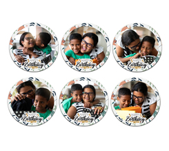 Calamite Rotonde Pack da 6 con foto e grafica Happy Birthday