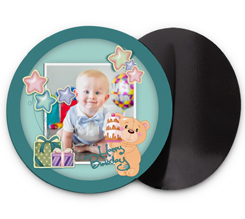 Calamita tonda con foto e grafica orsacchiotto per compleanno