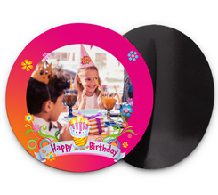 Calamita tonda grande con foto e grafica Happy Birthday