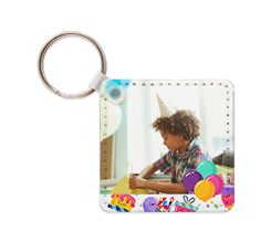 Portachiavi quadrato in pelle con foto e grafica festa compleanno