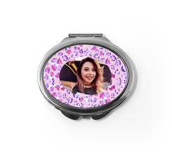 Specchietto ovale da borsa con foto e grafica maculata rosa