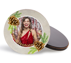 Calamita tonda in legno con foto e grafica Bacche natalizie