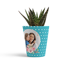 vaso per la festa della mamma stampato con foto e grafica con pois su sfondo azzurro