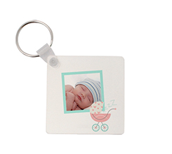 Portachiavi legno quadrato grafica nascita carrozzina con foto