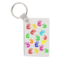 portachiavi rettangolare in legno per maestra con grafica con mani colorate