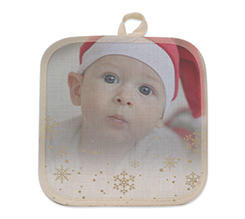 Presina con foto in juta con grafica Natale e fiocchi dorati