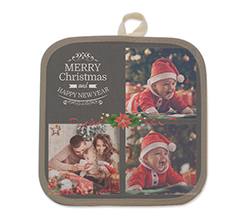 Presina con foto in juta con grafica Merry Christmas e collage 3 foto