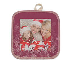 Presina con foto in juta con grafica Natale buone feste bordeaux