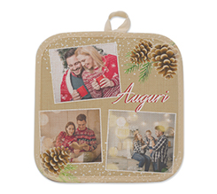 Presina con foto in juta con grafica Natale e pigne collage 3 foto