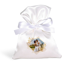 sacchetto confetti matrimonio con foto in cornice dorata esagonale