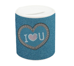 salvadanaio con foto e grafica love jeans