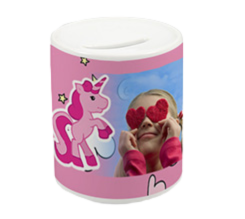 salvadanaio con foto e grafica pony rosa