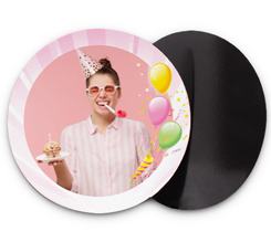 Calamita tonda grande con foto e grafica Buon Compleanno