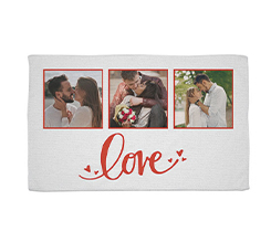 strofinaccio per san valentino personalizzato con collage di foto e scritta love con cuori