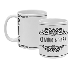 tazza matrimonio con stampa panoramica di ghirigori e nomi