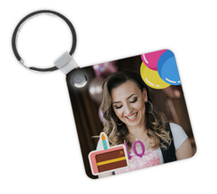 Portachiavi in Legno Quadrato con foto e grafica torta di compleanno