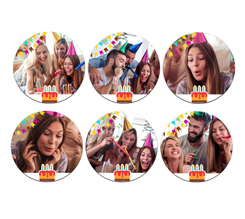 Calamite Rotonde Pack da 6 con foto e grafica festoni compleanno