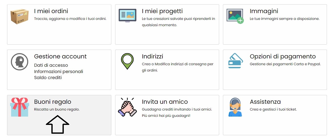sezione buono regalo account fotoregali.com