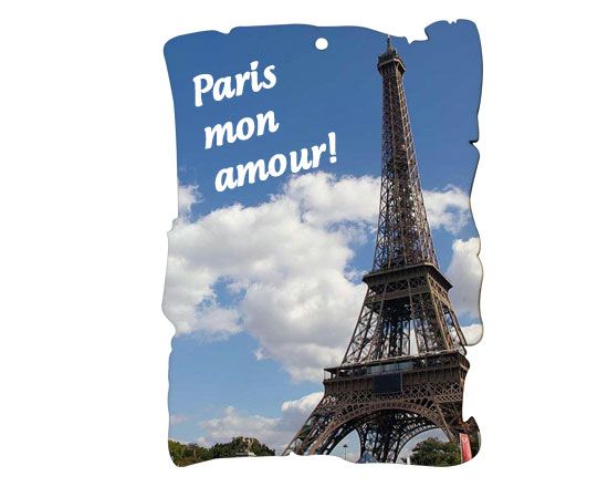 pergamena in masonite con foto di Parigi e una dedica
