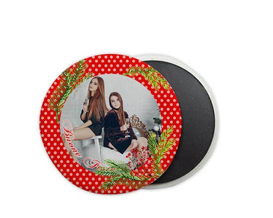 Calamita in ceramica tonda con foto e grafica Natale