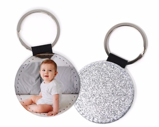 Portachiavi rotondo in pelle retro glitter con foto