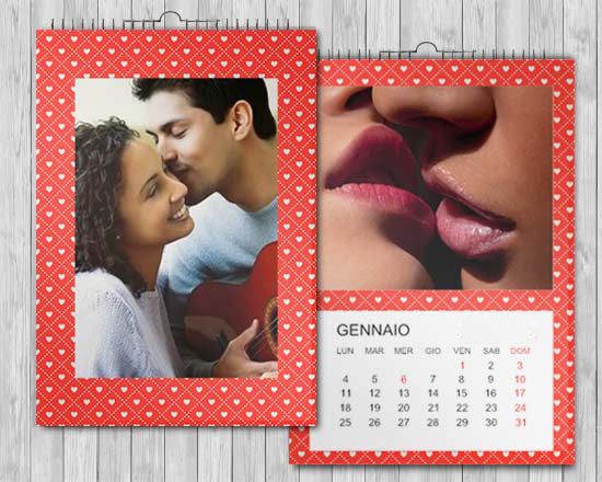 Calendario multipagina formato A3 con sfondo rosso e cuori adatto a S. Valentino