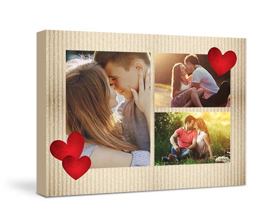 La tela con grafica collage e cuori rossi