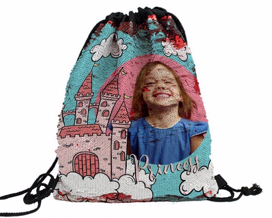 Sacca con paillettes con grafica per bambine, castello