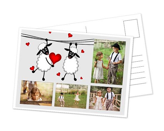 Cartolina con pecore e cuori rossi