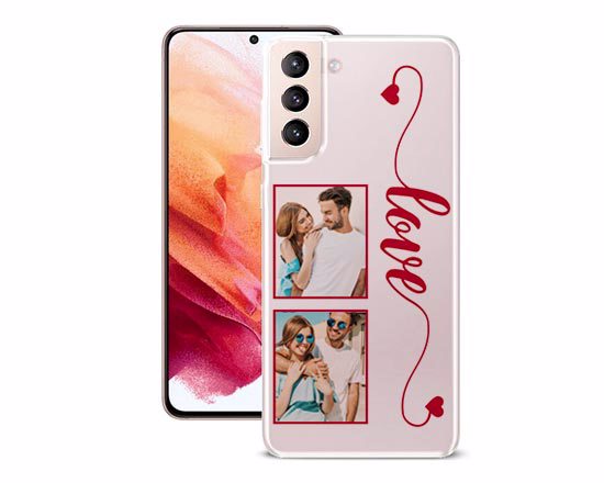 Cover in silicone trasparente per Galaxy S21 con grafica love, da personalizzare con 2 foto
