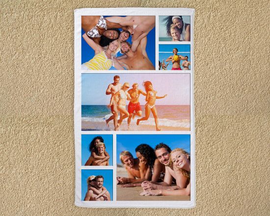telo mare con grafica collage con 7 riquadri