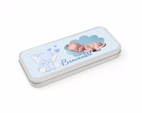 Scatola in metallo personalizzata con grafica per maschietto