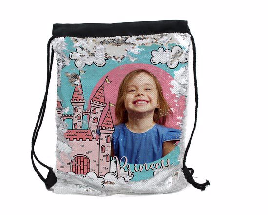 Sacca personalizzata con grafica castello, paillettes argento