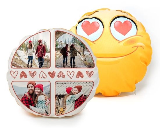 personalizza il cuscino rotondo, con 4 foto speciali e rendi unico il cuscino emoji