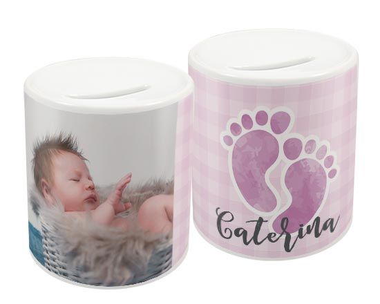 Salvadanaio con impronte rosa