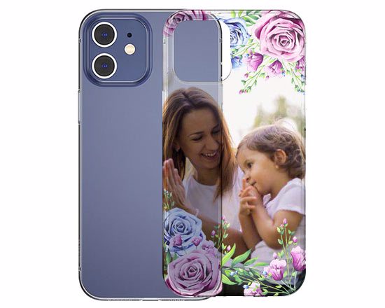 Cover in silicone trasparente per iPhone 12. Personalizza la grafica fiori con una tua foto