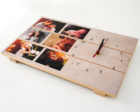 Personalizza questo collage di foto da stampare su orologio di listelli in legno