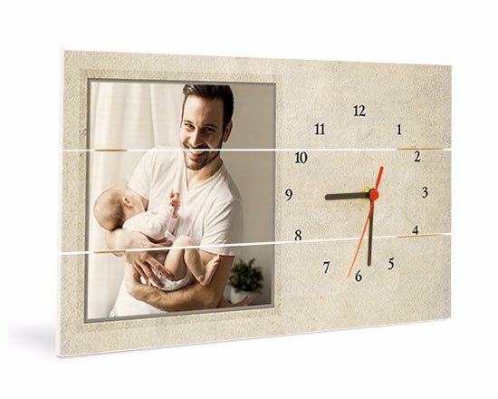 Orologio su listelli in legno, personalizzati con grafica riquadro