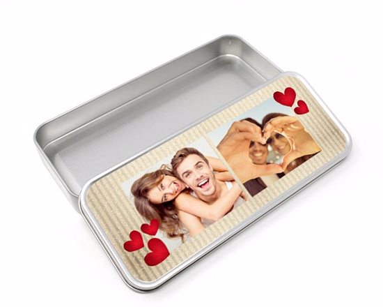 Scatolina in latta rettangolare con coperchio personalizzato con foto e testi