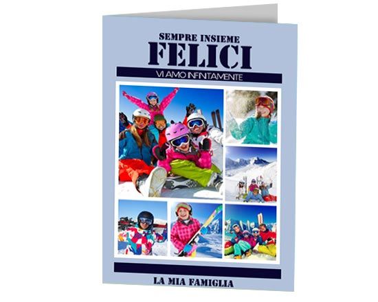 La card con la copertina stilizzata da collage e sfondo celeste