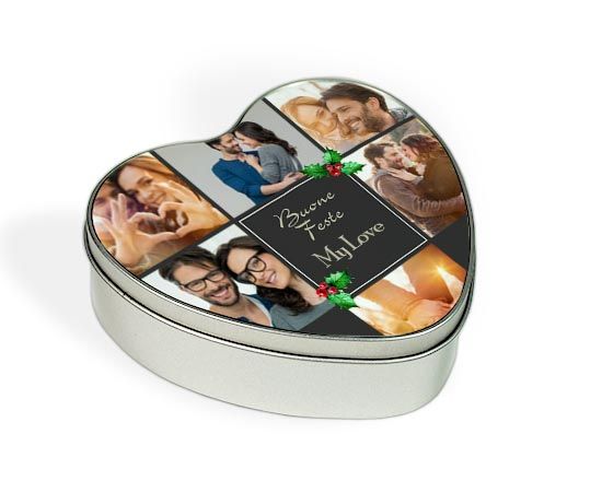 scatola a forma di cuore con grafica natalizia