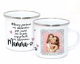 Tazza in metallo smaltato, personalizzata con foto e grafica per la festa della mamma
